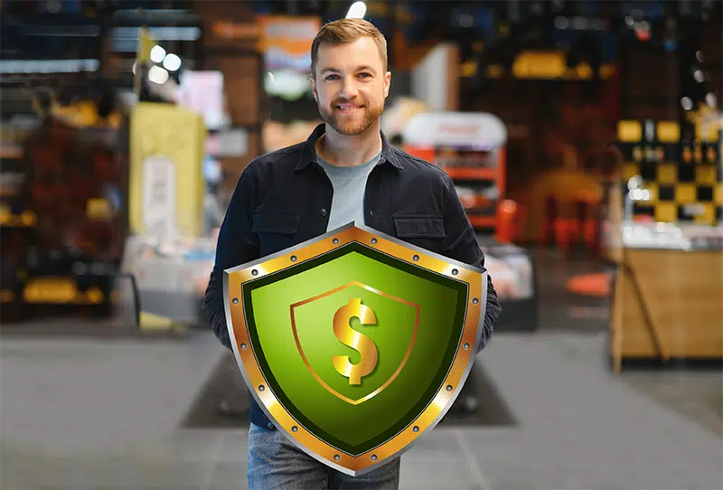 Sales Rep holding shield